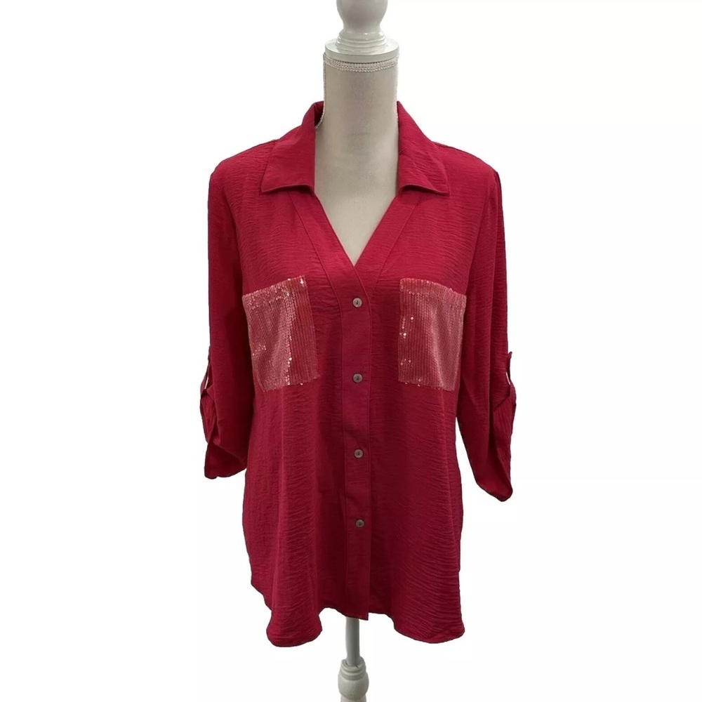 NWT Nuco Vibrant Pink Woven Top Women’s XL Sequined 3/4 Roll Tab Sleeve V Neck